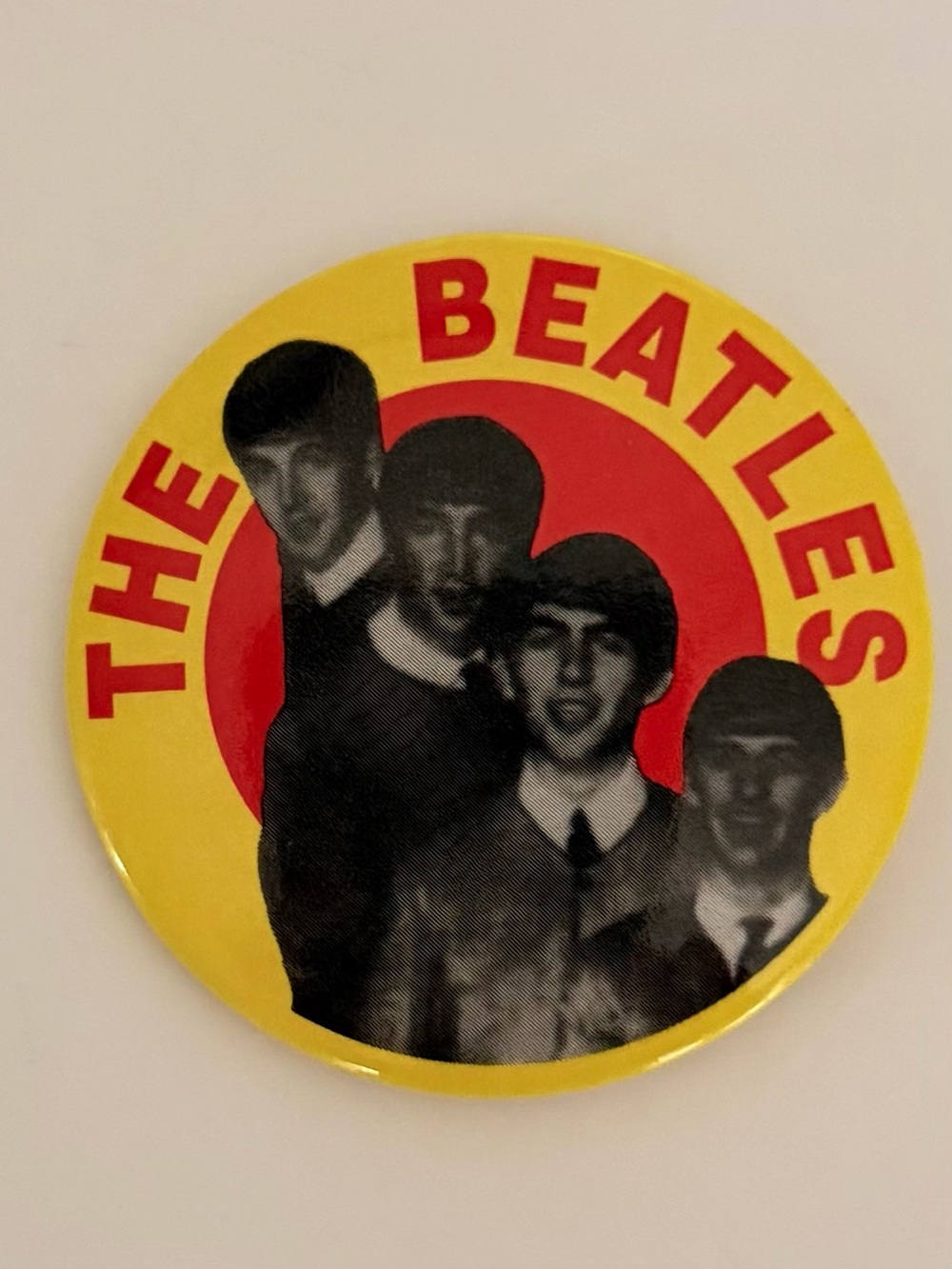 Vintage Beatles Pinback Button 2.25” Yellow Red Fab Four Memorabilia